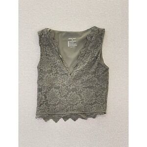 Lace Tank Top V‎ Neck Sheer Floral Olive Green Reoria Small